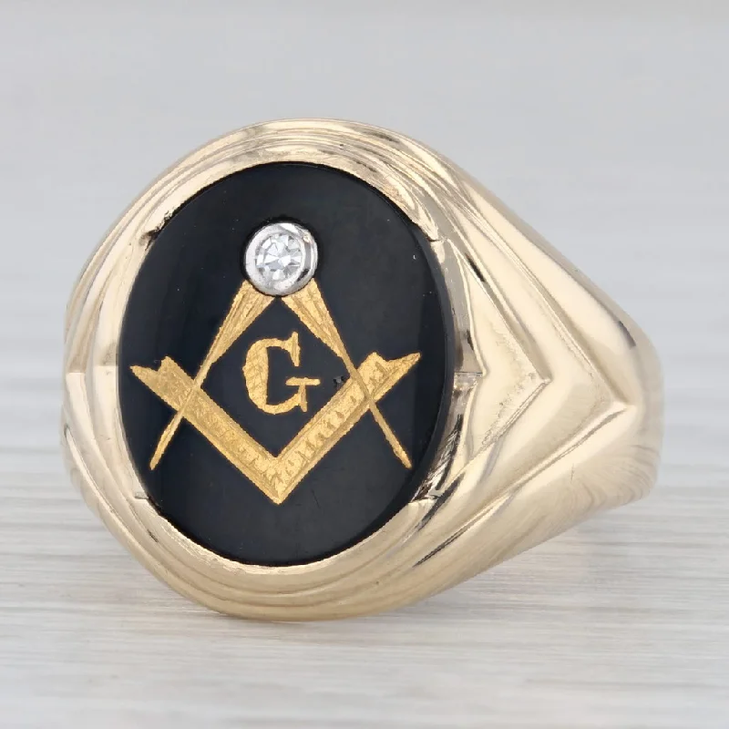 engagement rings with vintage stones for women-Vintage Gold Gilt Masonic Signet Ring 10k Diamond Onyx Blue Lodge Square Compass