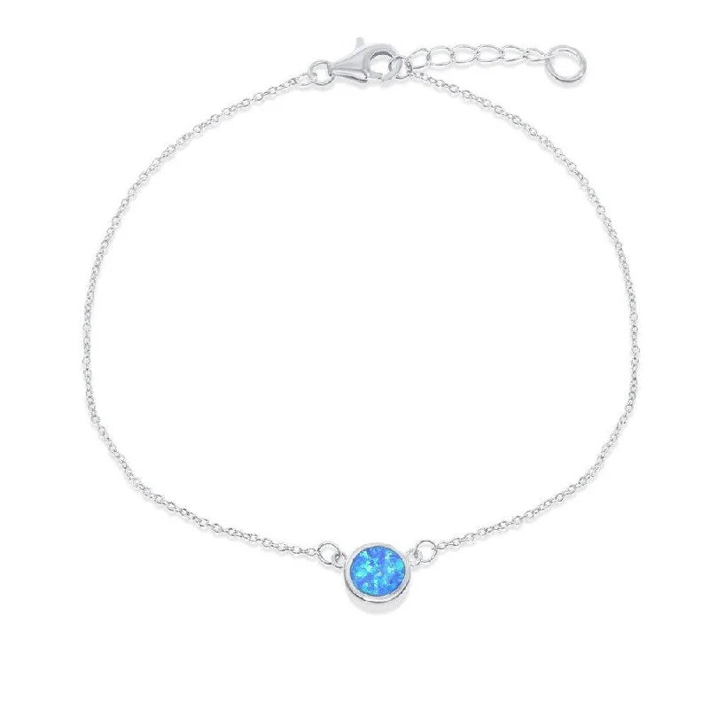 ankle chain with charms for women-Sterling Silver Blue Inlay Opal Disc Anklet