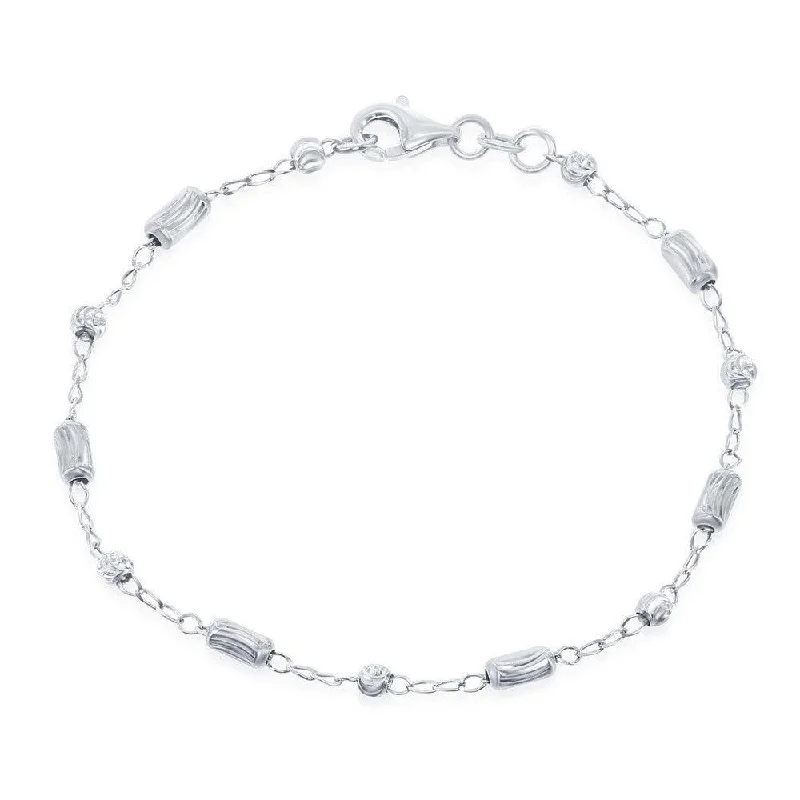 anklets with beads for women-Sterling Silver Diamond Cut Small Bar and Bead Anklet