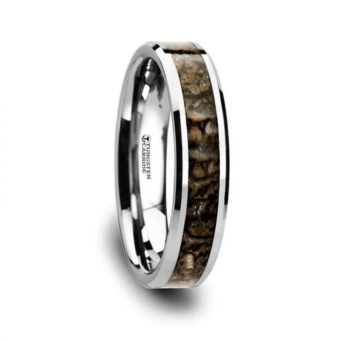 anniversary engagement rings for women-ORDOVICIAN Dinosaur Bone Inlaid Tungsten Carbide Beveled Edged Ring - 4mm